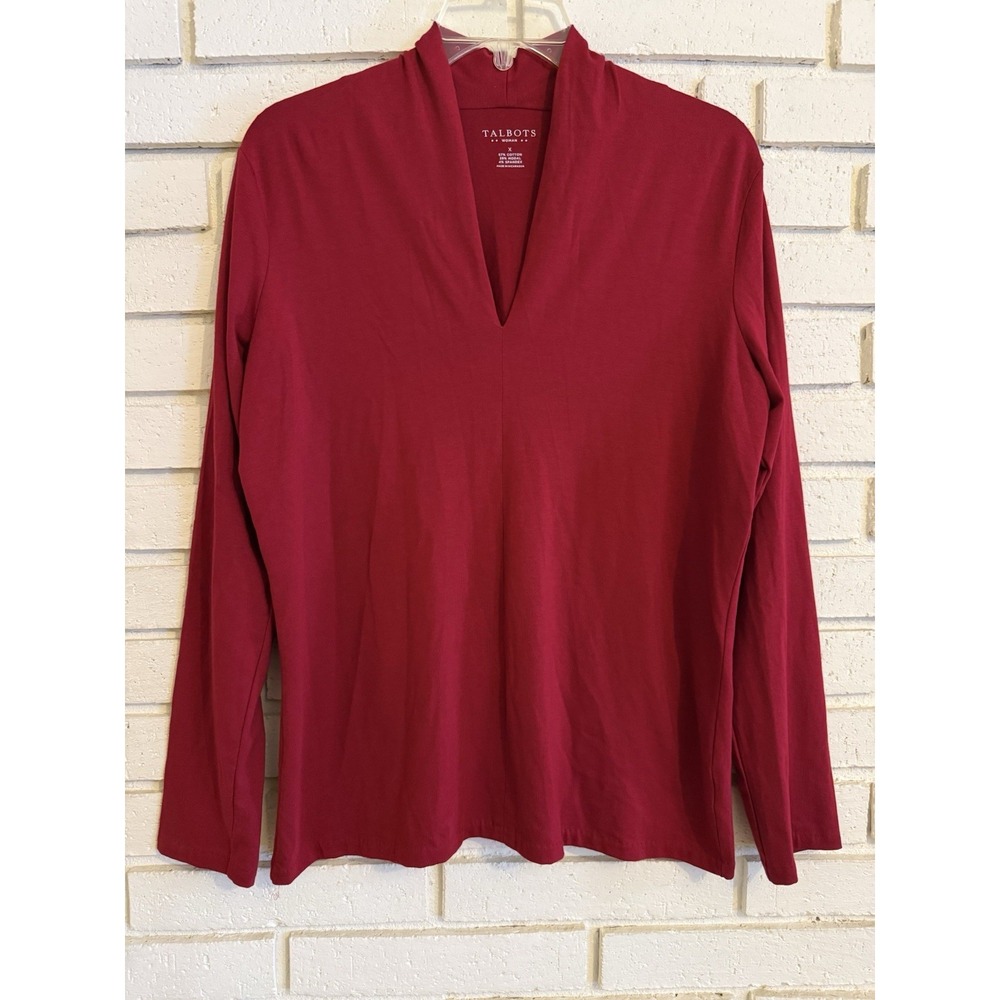 Talbots Womens Top Sz X(12-14) Red Long Sleeve Split Neck Shirt Cotton Modal